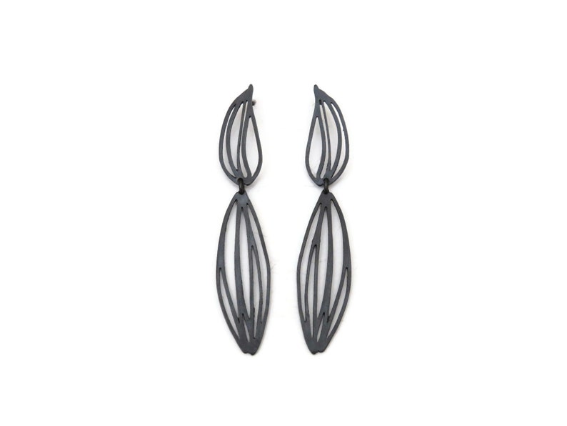 Botanical Oxidized Silver Drop Earrings, Two Piece Long Linear Black Silver Earrings , Unique Designer Earrings, Contemporary Art Jewelry image 1