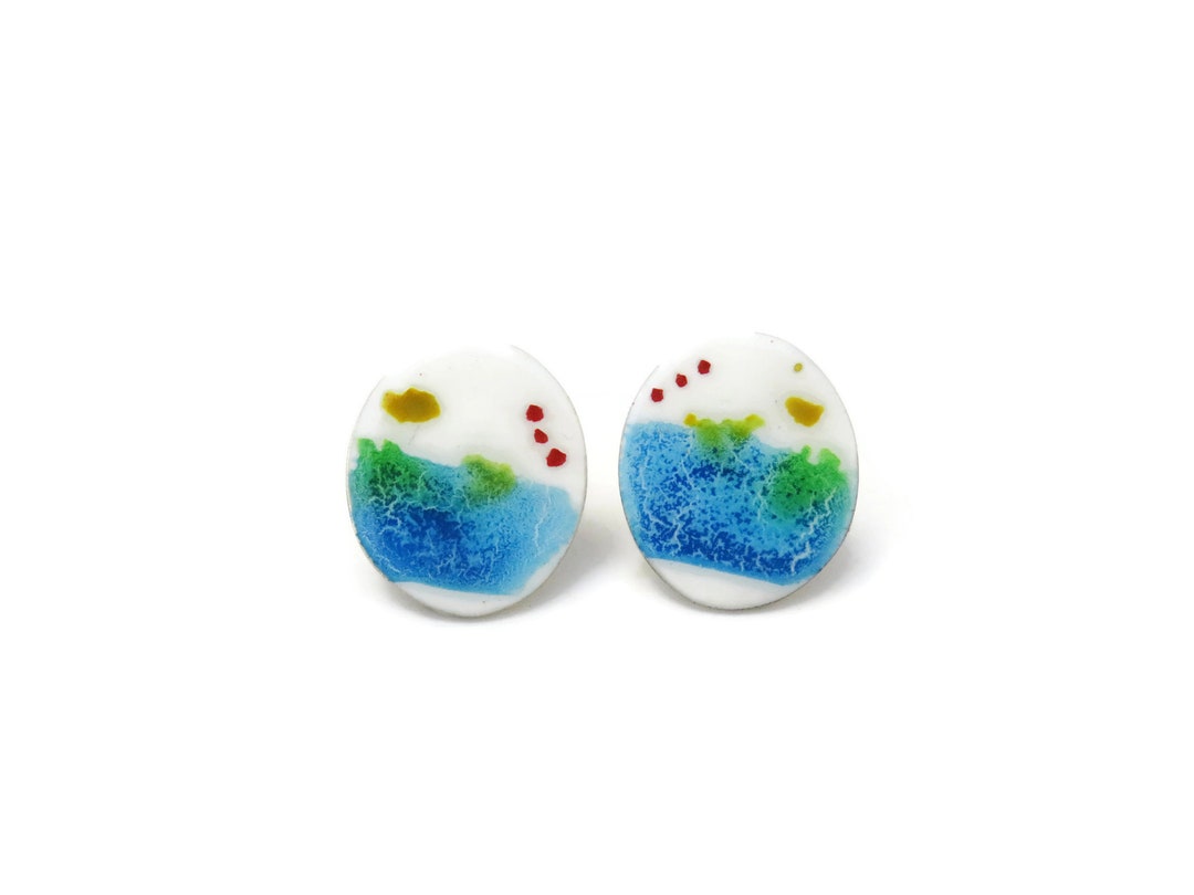 Unique Small Enameled Silver Stud Earrings, Oval Enamel Painted ...