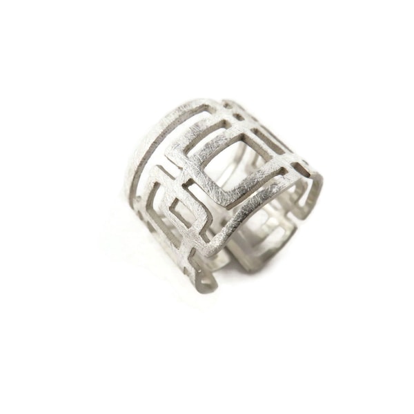 Einstellbarer modernistischer architektonischer Silberring, filigraner Ring, breiter modernistischer Silberring, exklusives Design Ring, zeitgenössischer Schmuck