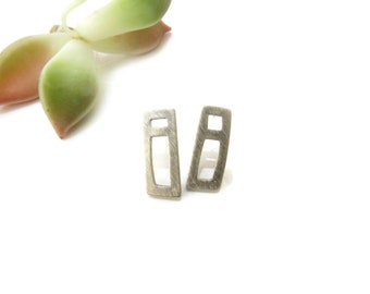 Asymmetrical Earrings in Matte Silver, Geometric Mismatched Stud Earrings, Contemporary Rectangular Earrings, Artistic Silver Jewelry