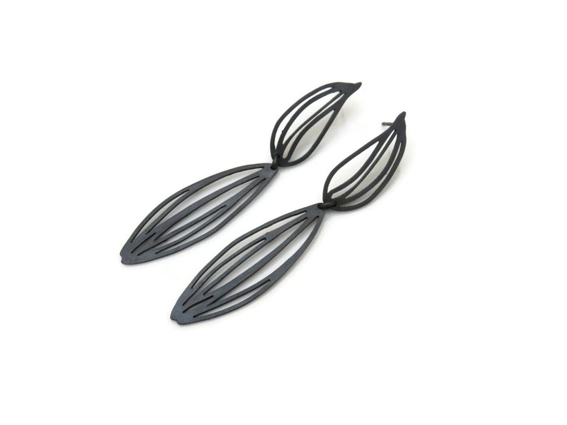 Botanical Oxidized Silver Drop Earrings, Two Piece Long Linear Black Silver Earrings , Unique Designer Earrings, Contemporary Art Jewelry image 4