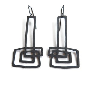 Sculptural Extra Long Oxidized Silver Earrings, Statement Black Dangle Earrings, Modern Geometric Earrings, Contemporary Artistic Earrings