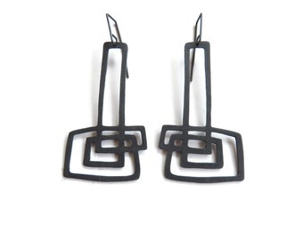 Sculptural Extra Long Oxidized Silver Earrings, Statement Black Dangle Earrings, Modern Geometric Earrings, Contemporary Artistic Earrings