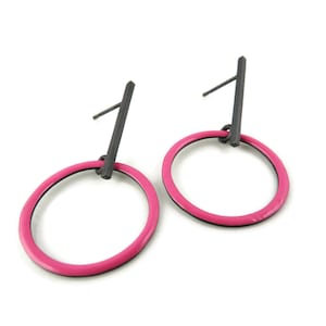 Pink Enamel Earrings, Pink Earrings, Black Silver Earring, Enamel Pink Drop Earring, Pink Oxidized Earring, Modern Pink Earring, Art Jewelry