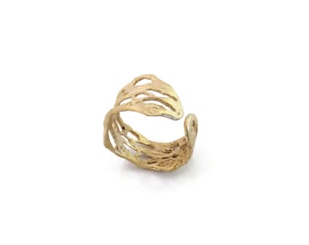 Adjustable Organic Gold Plated Silver Ring, Natural Pattern Golden Filigree Ring, Botanical Open Band Golden Ring, Unique Art Modern Jewelry