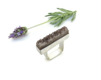 Silver Ring with Amethyst Druse Slice, Amethyst Ring, Amethyst Ring, Sculpture Ring with Stone, Large Stone Ring, Contemporary Artistic Ring