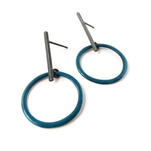 Turquoise Enamel Hoop Earrings, Unique Enamel Black Silver Earrings, Modern Enameled Earrings, Circle Earrings, Contemporary Enamel Jewelry