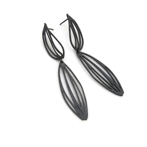 Botanical Oxidized Silver Drop Earrings, Two Piece Long Linear Black Silver Earrings , Unique Designer Earrings, Contemporary Art Jewelry image 3