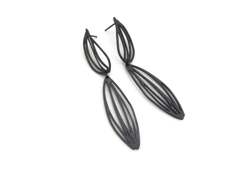 Botanical Oxidized Silver Drop Earrings, Two Piece Long Linear Black Silver Earrings , Unique Designer Earrings, Contemporary Art Jewelry image 3