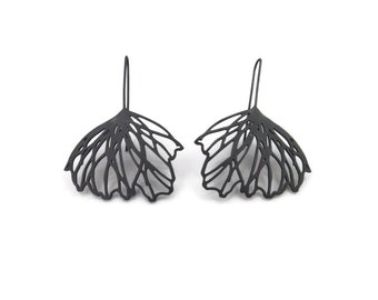 Large Striking Earrings in Oxidized Silver, Floral Organic Line Earrings, Contemporary Earrings, Statement Original Handcrafted Earrings