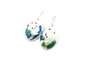 Arty Enamel and Watercolor Painted Silver Dangle Earrings, Contemporary Colorful Earrings, Unique Long Enameled Earrings in Silver