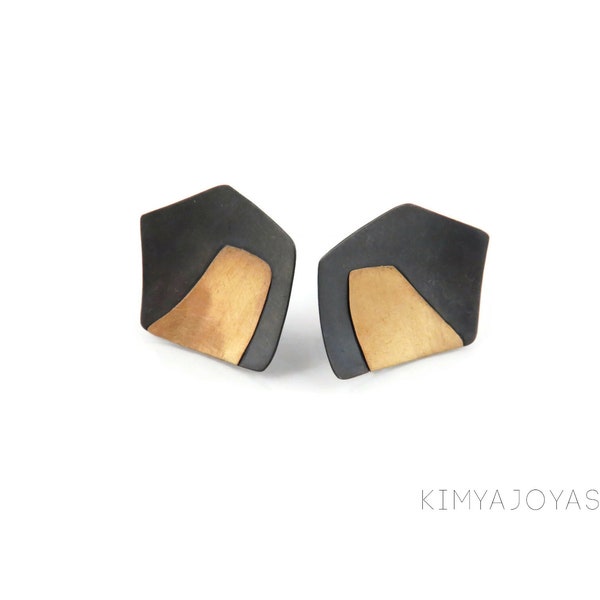 Stylish Oxidized Silver and Gold Earrings, Geometric and Organic Design Stud Earrings, Irregular Keum Boo Earrings, Contemporary Jewelry