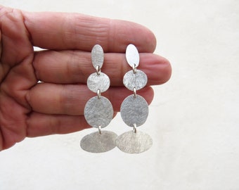 Long Hanging Earrings in Brushed Silver, Statement Earrings with Movement, Modern Pieces Earrings, Contemporary Earrings, Artistic Earrings