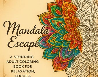 May include: A coloring book titled "Mandala Escape" with a partially colored mandala design in vibrant colors. The cover features text promoting relaxation, focus, and mindfulness. The background is a light tan with floral corner accents.