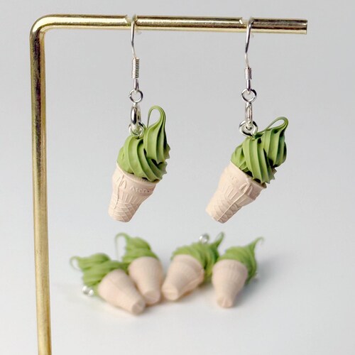 Matcha Ice cream cone earrings soft serve Polymer clay dessert Earrings Food Inspired earrings, realistic miniature