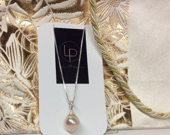 Pearl Pendant necklace Natural Pastel Freshwater Big Pearl   12mm . Good luster .Sterling silver box chain 45 cm . June birthstone