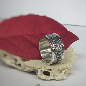 Ring Silver OOAK Handmade Blackened Sterling Silver wide band ring two finish textured fused silver inlay wedding any occasion  men women