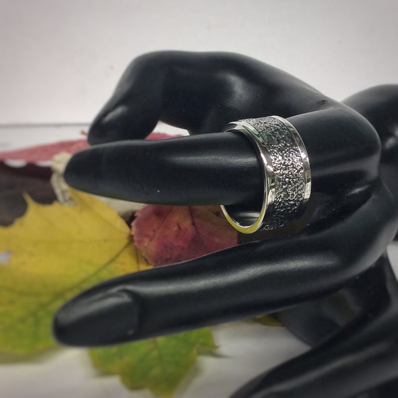 Ring Silver OOAK Handmade Blackened Sterling Silver wide band ring two finish textured fused silver inlay wedding any occasion men women