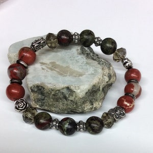 Dragon blood Jasper bracelet Natural Red Jasper beads Olivine crystal beads Black patina sterling silver beads and rondels Make it your size