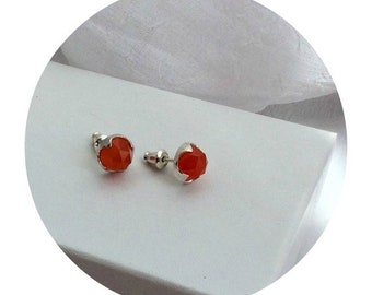 Silver Stud Earrings Handmade post earrings Bright Carnelian gemstone Gift for her  gift for mom Unique sterling silver button earrings