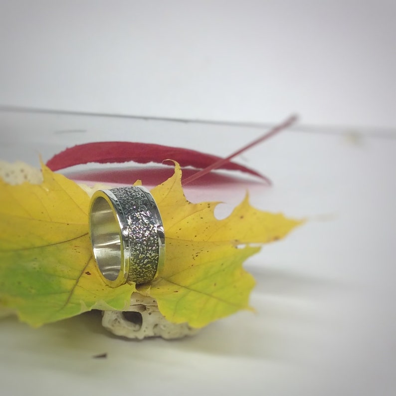 Ring Silver OOAK Handmade Blackened Sterling Silver wide band ring two finish textured fused silver inlay wedding any occasion men women