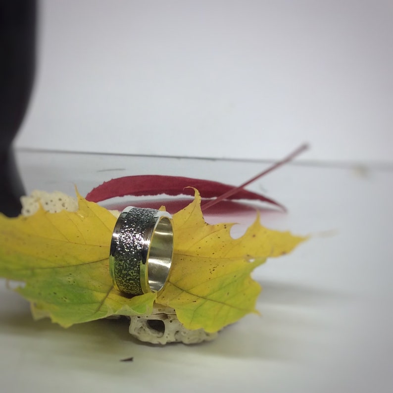 Ring Silver OOAK Handmade Blackened Sterling Silver wide band ring two finish textured fused silver inlay wedding any occasion men women