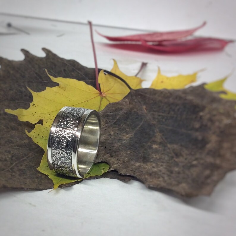 Ring Silver OOAK Handmade Blackened Sterling Silver wide band ring two finish textured fused silver inlay wedding any occasion men women