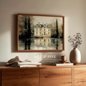 Impressionist artwork featuring a chateau for nursery — Pastel hues and serene reflections create a charming, dreamy vibe for little ones.