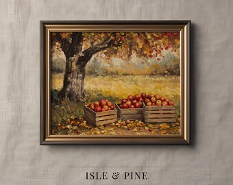 Rustic Autumn Apple Orchard Painting - Vintage Fall Harvest Wall Art, Cottagecore Country Decor, Printable Autumn Landscape Print 115