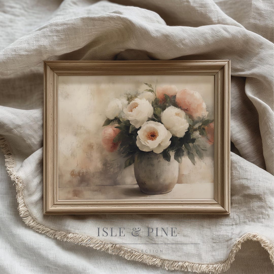 Vintage Printable Peony Bouquet Wall Art, Soft Cottagecore Floral Print ...