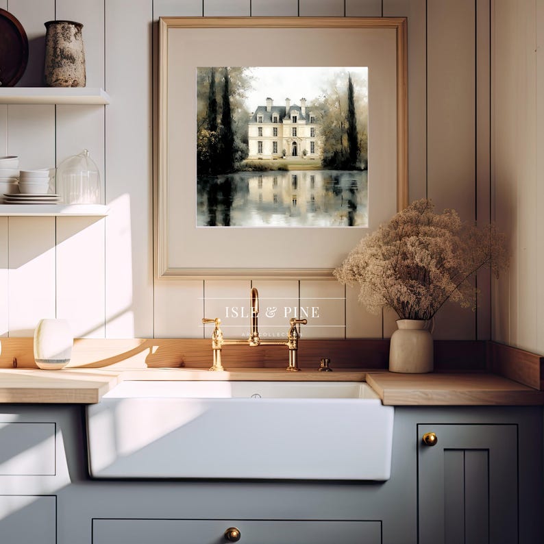 Serene chateau oil painting wall art for dining area — Dreamy pastel colors and a reflective pond enhance vintage-inspired home decor.