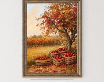 Rustic Fall Apple Orchard Painting, Warm Toned Vintage Autumn Landscape Art, Moody French Country Farmhouse Wall Decor, Digital Download 82