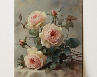 Puede incluir: Una impresión de estilo vintage que presenta un ramo de rosas de color rosa suave con hojas y capullos verdes. Las rosas están en plena floración, con pétalos delicados y un tono amarillo cremoso en los bordes. La obra está firmada "Isle & Pine Art Collection."