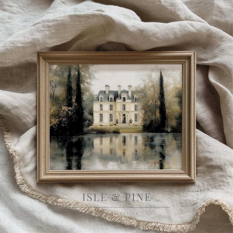 Charming French chateau picture for kitchen — Warm pastel reflections bring a peaceful, inviting feel to your culinary space.