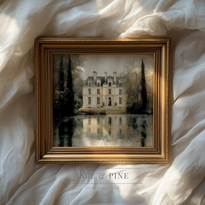 Impressionist chateau wall art for library — Evocative dawn light and calm reflections create a timeless literary ambiance.