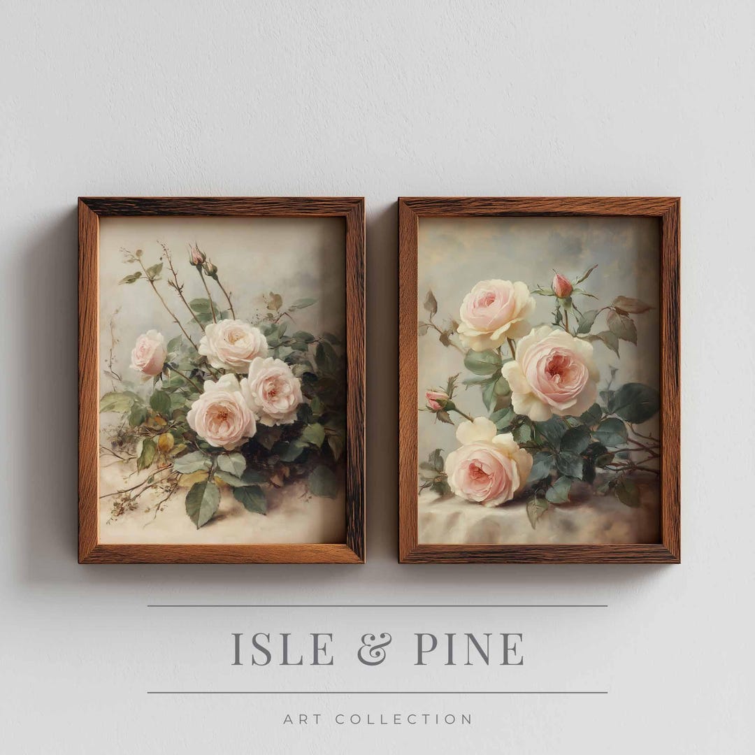 Printable Vintage Floral Botanical Wall Art Set of 2, Cottagecore Rose ...