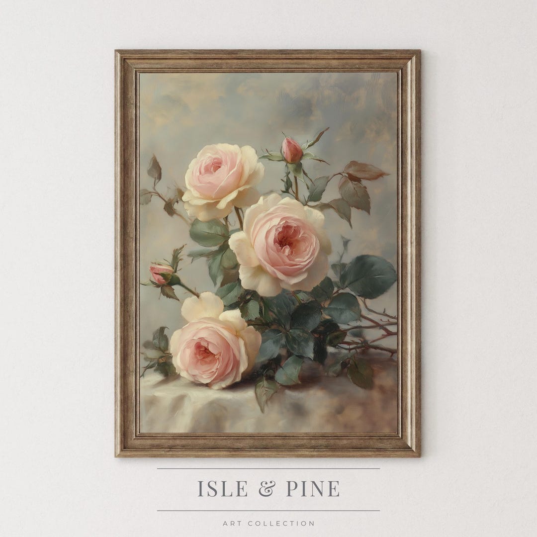Antique Floral Wall Art, Rustic Blush Pink Garden Roses, Vintage Still ...