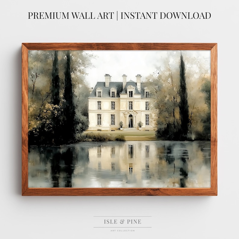 Romantic French chateau picture for living room — Captivating dawn light and soft foliage evoke a cozy, elegant cottagecore mood.