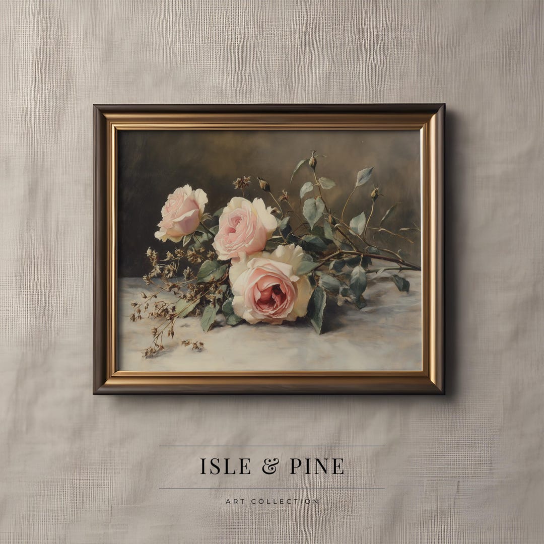 Vintage Moody Floral Wall Art, Blush Garden Roses Still Life, Romantic ...