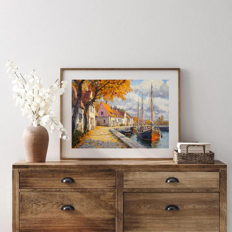 Printable Vintage Fall Wall Art, Coastal Town in Autumn Oil Painting ...
