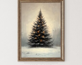 モミの木の絵画プリント、雪のクリスマスツリーのウォールアート