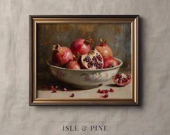 Vintage Pomegranate Still Life Wall Art, Rustic Oil Art, Elegant Kitchen Wall Art, Classic Fruit Scene Printable, Digital Download 110