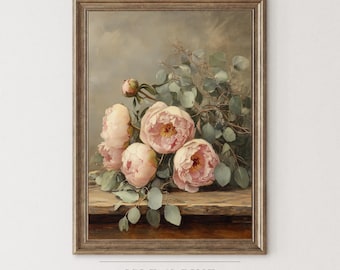 Antique Floral Wall Art, Vintage Faded Peonies Art, Rustic Farmhouse Floral Still Life, Neutral Decor Printable Wall Art, Digital Art 199