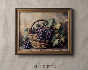 Vintage Grape Still Life Oil Painting Print, Fall Fruit Painting Printable Wall Art, Rustic Farmhouse Kitchen Decor, Digital Download 130