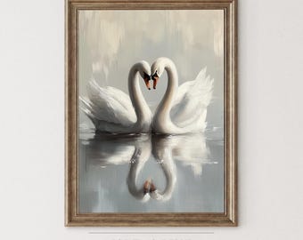 Antique Swan Art Print, Romantic Swan Lake Scene Printable, Elegant Swans in Reflection, Graceful Country Decor, Wall Art Download 124
