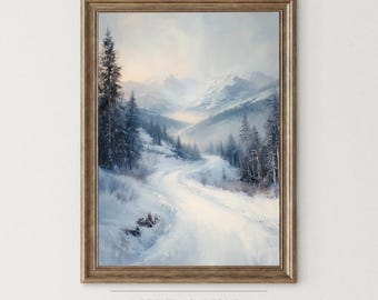 Neutral Winter Forest Landscape Print, Rustic Winter Landscape Painting Wall Art, Snowy Forest Christmas Print, Moody Cozy Lodge Decor 204