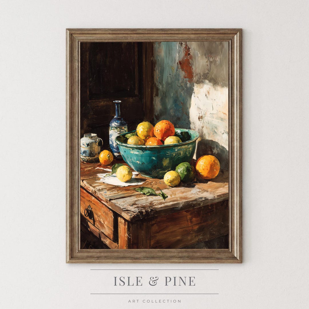 Rustic Kitchen Still Life Printable Art - Vintage Oil Painting of Bowl ...