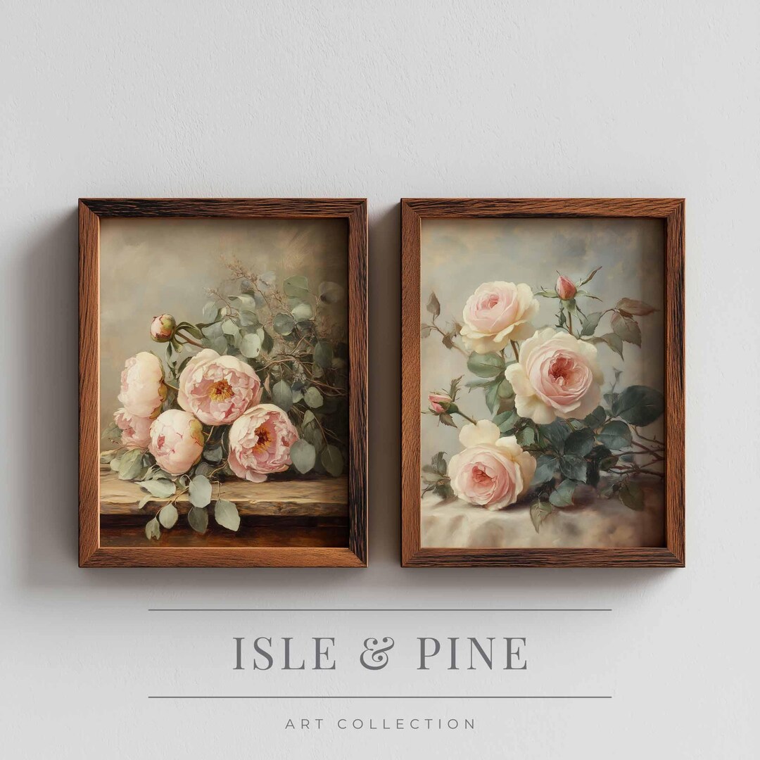Printable Vintage Botanical Floral Wall Art Set of 2, Antique Rose Oil ...