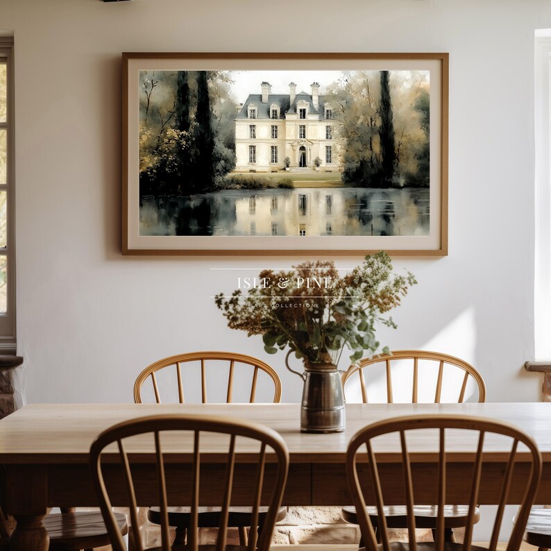 Romantic chateau artwork for bedroom — Gentle pastel palette and soft foliage enhance serene cottagecore vibes for restful sleep.