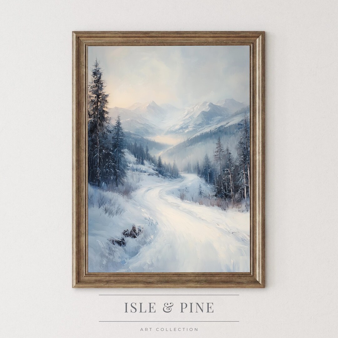 Vintage Snowy Winter Landscape Wall Art, Serene Mountain Pass Winter ...